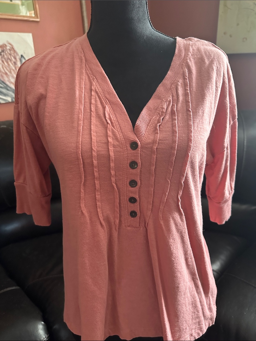 Falls Creek Rose Pink Button-Front V-Neck Pintuck Top